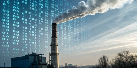 Wall Mural - digital transformation concept: abstract factory chimney emitting binary code as smoke in industrial