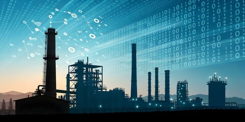 Wall Mural - abstract factory silhouette overlaying digital binary code background for industrial innovation conc