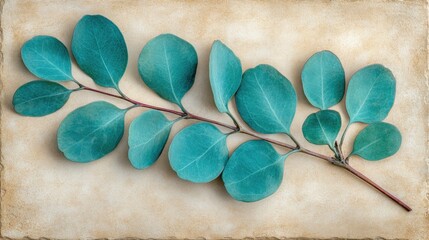 Wall Mural - natural branch with vibrant blue foliage, set against a soft and neutral background.