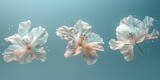 Three ethereal white flowers gracefully float in clear blue water, creating a serene atmosphere, This image can be used for wellness, beauty, or nature-themed projects,