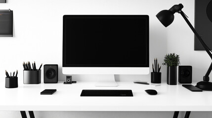 Wall Mural - office background table workplace with computer with laptop copy space