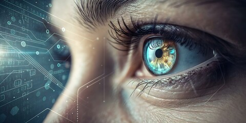 Wall Mural - macro image of technician's eye reflecting digital code for manufacturing transformation