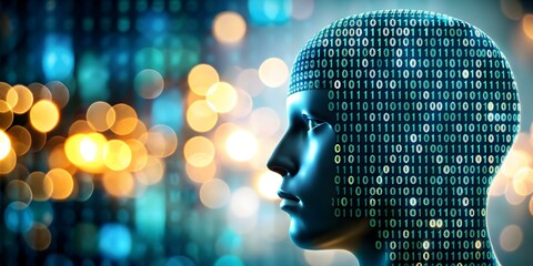 Wall Mural - abstract human head silhouette in binary code with bokeh background - digital mind concept in photo 