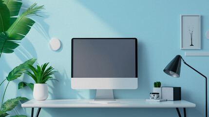 Wall Mural - office background table workplace with computer with laptop copy space