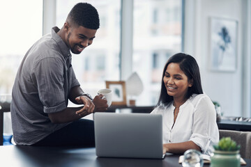 Fototapete - People, smile and laptop in office for business, coffee break and planning startup growth. Happy man, woman and computer in coworking space for email feedback, connectivity and problem solving advice