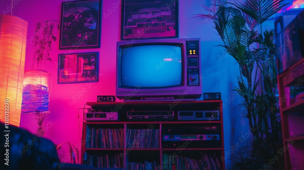 Retro 90s living room with CRT TV, VHS tapes, and vibrant neon lighting ...