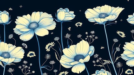 Wall Mural - white poppies on black