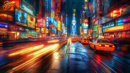 Naklejka na meble Blurry Busy city street at night, filled with people and vibrant lights