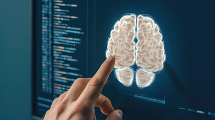 Poster - AI and Medicine Fusion, a hand interacting with a digital brain hologram on a computer screen, surrounded by data and code elements.