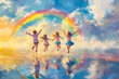 © Robin - Children joyfully running under a rainbow in a vibrant sky, reflecting in water.