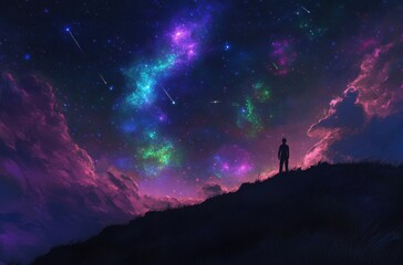 Wall Mural - A person standing on top of a hill, gazing at an endless sky filled with vibrant colors and stars, in the style of anime. The color palette consists of purple, green, blue, pink, and black