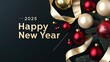 © saadulhaq - Opulent minimal Christmas scene with a black backdrop featuring a combination of gold baubles, ruby red accents, and metallic gold ribbons. '2025' in bold