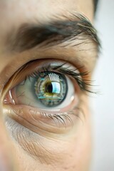 Wall Mural - close-up technician eye reflecting digital code symbolizing human element in programming