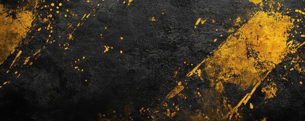 Sticker - Black and golden painted grunge stains and lines, abstract rectangular banner background.