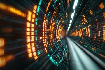 Wall Mural - futuristic abstract tunnel with bright colored lights creating a sense of speed and movement in a di