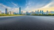 © Grace - Panoramic View of Modern Office Buildings and an Empty Road in Shenzhen, China During Golden Hour. Generative AI
