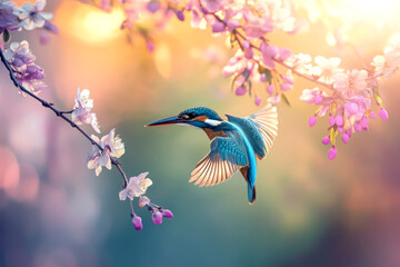 Fototapete - kingfisher with flowers on nature background