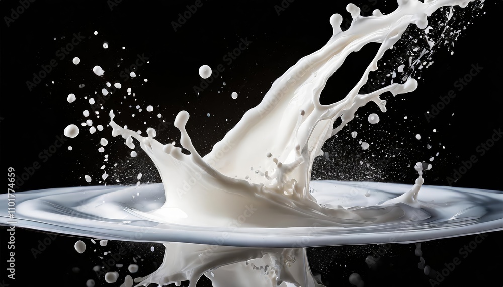 Dynamic white milk wave splash featuring vivid splatters and droplets ...