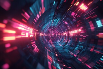Wall Mural - Binary Tunnel. Code Data Streaming in 3D Digital Computer Cyberspace