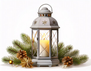 Wall Mural - A rustic lantern with a lit candle inside, surrounded by pine branches and pine cones