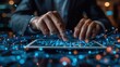 © aubriella - Image of a businessman with a tablet, examining a virtual blockchain network with floating data fields, Close-up emphasizes hands and technology