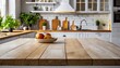 © netsay - Minimalist wooden light table top in a modern white kitchen interior with clean countertops, sleek cabinets, and bright ambiance, perfect for templates and creative design purposes.