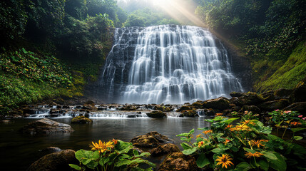 Wall Mural - serene waterfall cascades over rocks, surrounded by lush greenery and flowers