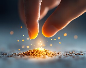 Wall Mural - A human hand carefully planting a mustard seed on a white background, radiant light shining on the seed, representing the start of something powerful