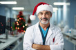 © Tetiana - Experienced medic doctor working in new year night christmas eve decorated hospital Generative AI