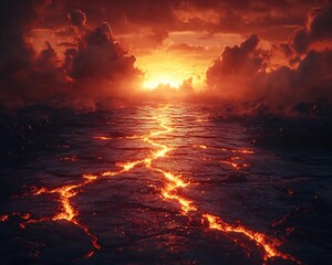 apocalyptic landscape with molten lava erupting from cracked ground and fiery red sky