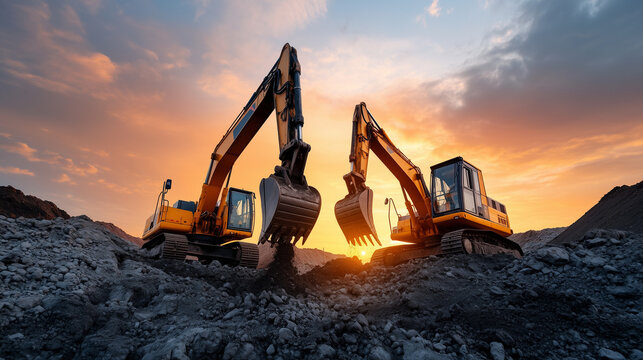 excavators digging at a construction site at sunset, with machine lines against the colorful sky, from a low angle to emphasize the scale and progress of the industry.