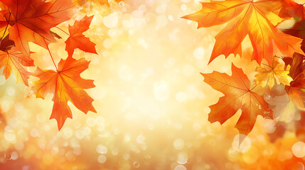 Beautiful orange and golden autumn maple leaves with blurred park background in sunlight