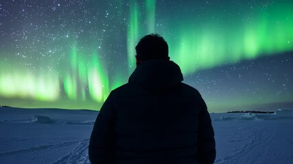 Wall Mural - silhouette of a person, aurora borealis northern lights in the background