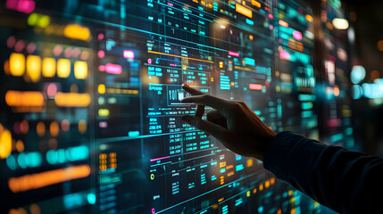 Abstract Futuristic Interface, Hand Interacting with Vibrant Data Streams on a Holographic Display, Showing Complex Information and Technological Advancement.