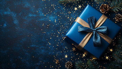 Wall Mural - Blue gift box with gold ribbon and bow on Christmas background with golden bokeh lights copy space 