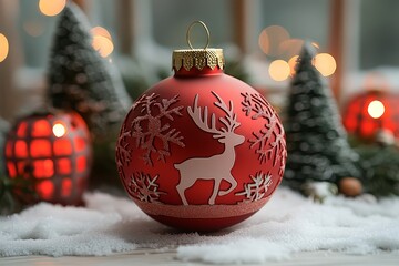 Wall Mural - Close-up of a red Christmas ornament with reindeer and snowflakes, surrounded by red lanterns, small Christmas trees, snow, and bokeh lights on a white background, perfect for holiday cards and decora