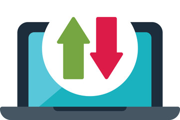 Wall Mural - laptop displaying a green up arrow and a red down arrow, symbolizing data transfer