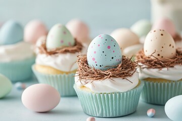 Wall Mural - Colorful spring cupcakes with candy eggs and decorative nests for festive celebrations