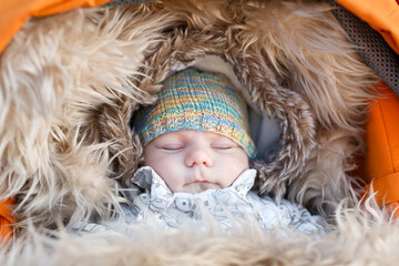 Wall Mural - Portrait of newborn baby in warm winter clothes. Beautiful cute girl in warm overall, cap. Peaceful child sleep during outdoor walk.