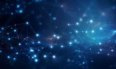 Abstract blue technology background with a cyber network grid and connected particles. Artificial neurons, global data connections. Bokeh blur background.