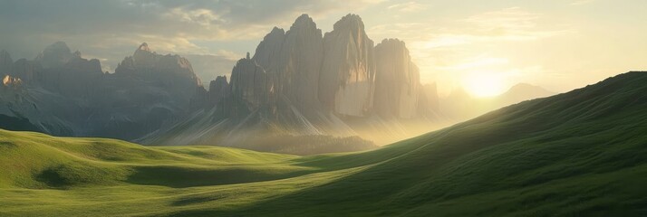 Wall Mural - Serene sunrise over misty mountains and lush green hills in a tranquil landscape