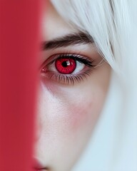 Wall Mural - Close-up of Face with Red Contact Lens and White Hair