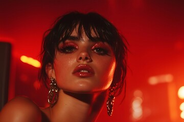 Wall Mural - Close-up Portrait of Woman with Red Glitter Makeup and Gold Earrings