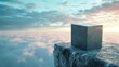 © Zhanna - A dark metallic cube sits at the edge of a rocky cliff, with a vast cloudy sky below. The surreal scene evokes a sense of isolation, balance, and mystery, perfect for conceptual or futuristic themes.