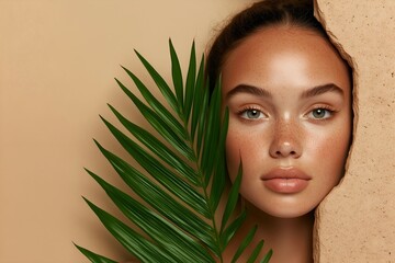 Wall Mural - Woman's Face with Palm Frond and Beige Background