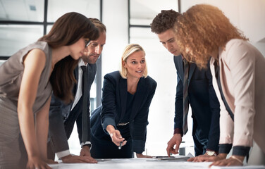 Poster - Architecture, meeting and business people in office with documents for planning, building design and floorplan. Construction, professional and men and women with floorplan for discussion and teamwork