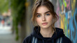 © HQAsset - Portrait of a Young Woman with Freckles, Wearing a Hoodie Against a Graffiti Wall.  Beautiful Eyes and Natural Makeup Enhance Her Features, Creating a Stunning Image.