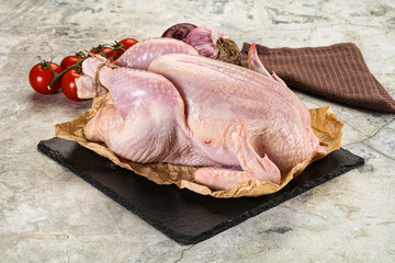 Fresh whole raw chicken over board