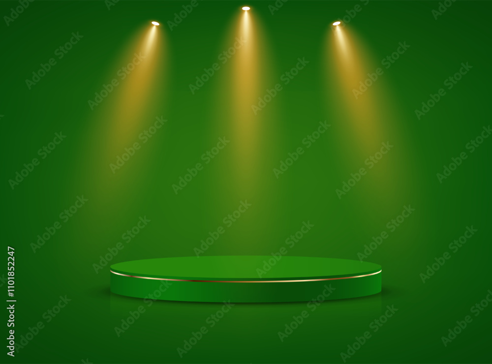 Green background vector 3d with green and gold podium for product ...
