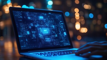 Close up of a laptop with a glowing blue screen displaying a digital network of circuits.